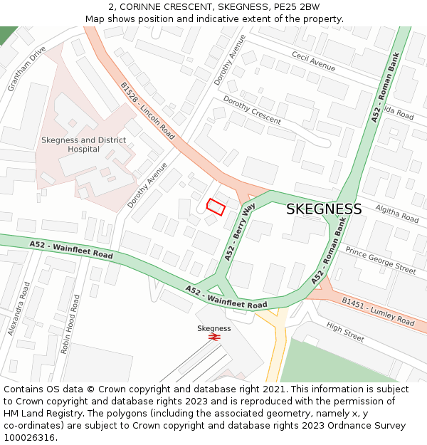 2, CORINNE CRESCENT, SKEGNESS, PE25 2BW: Location map and indicative extent of plot