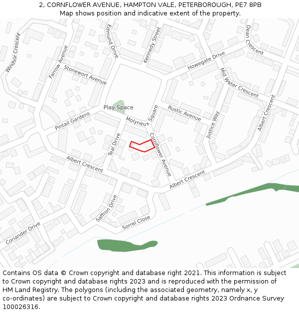 2, CORNFLOWER AVENUE, HAMPTON VALE, PETERBOROUGH, PE7 8PB: Location map and indicative extent of plot