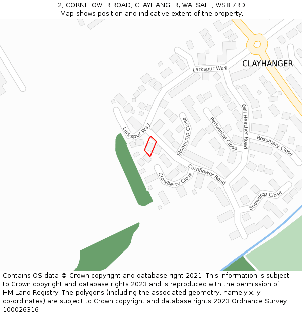 2, CORNFLOWER ROAD, CLAYHANGER, WALSALL, WS8 7RD: Location map and indicative extent of plot