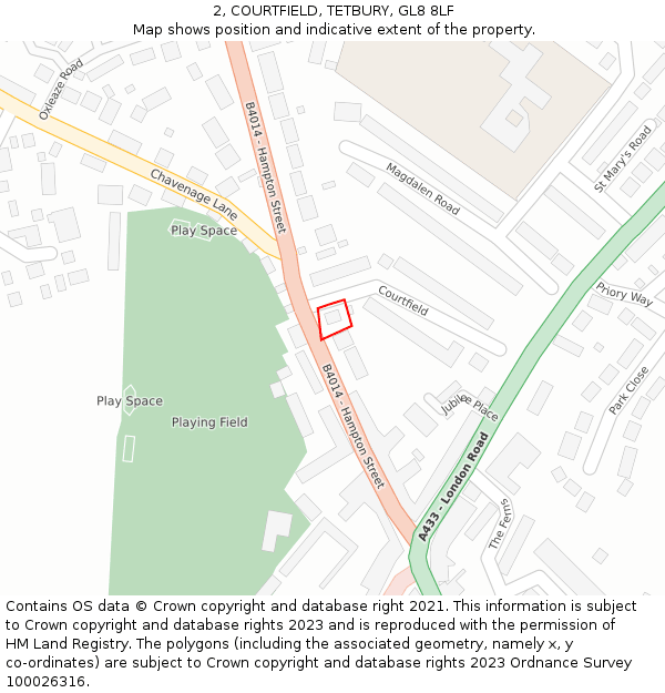 2, COURTFIELD, TETBURY, GL8 8LF: Location map and indicative extent of plot