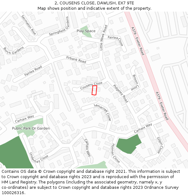 2, COUSENS CLOSE, DAWLISH, EX7 9TE: Location map and indicative extent of plot