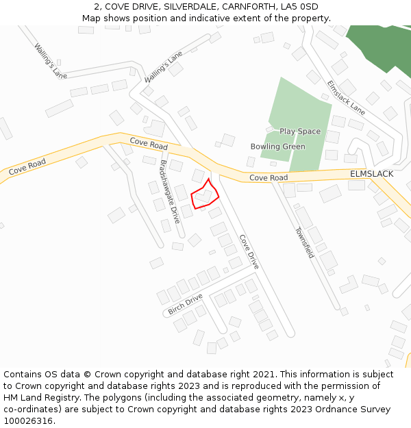 2, COVE DRIVE, SILVERDALE, CARNFORTH, LA5 0SD: Location map and indicative extent of plot