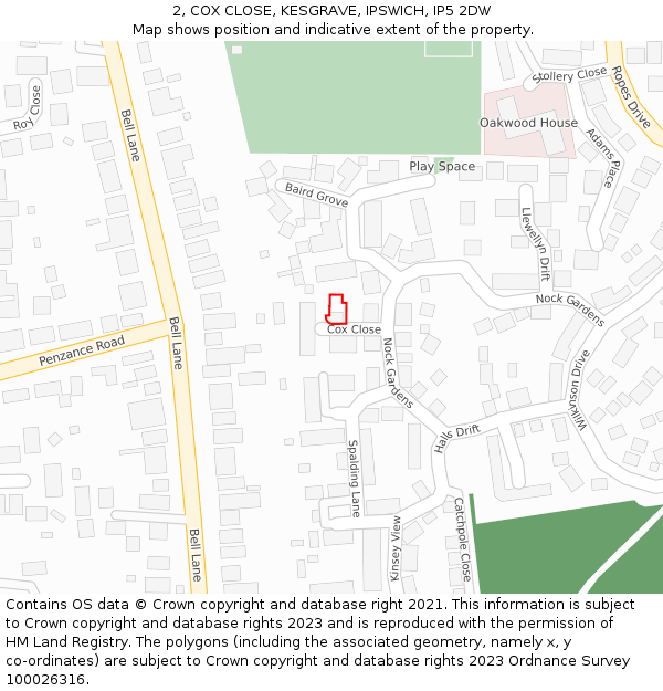 2, COX CLOSE, KESGRAVE, IPSWICH, IP5 2DW: Location map and indicative extent of plot