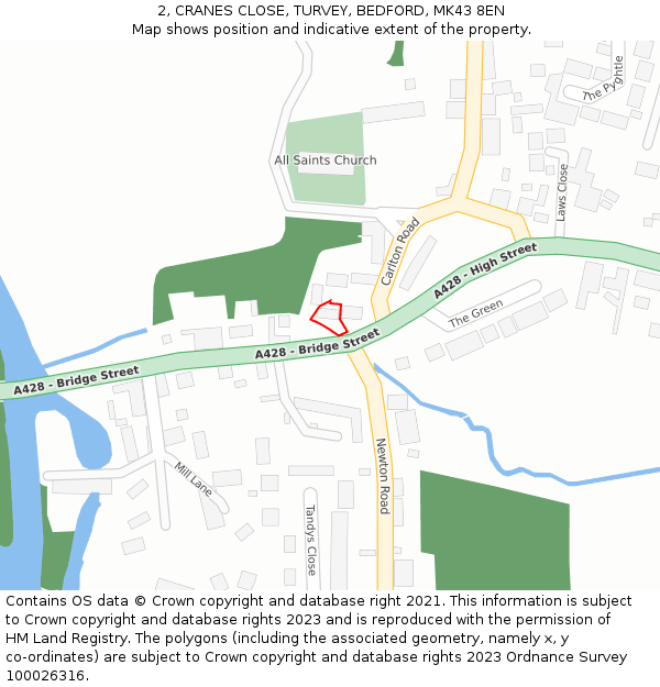 2, CRANES CLOSE, TURVEY, BEDFORD, MK43 8EN: Location map and indicative extent of plot