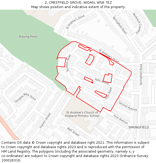 2, CRESTFIELD GROVE, WIGAN, WN6 7EZ: Location map and indicative extent of plot