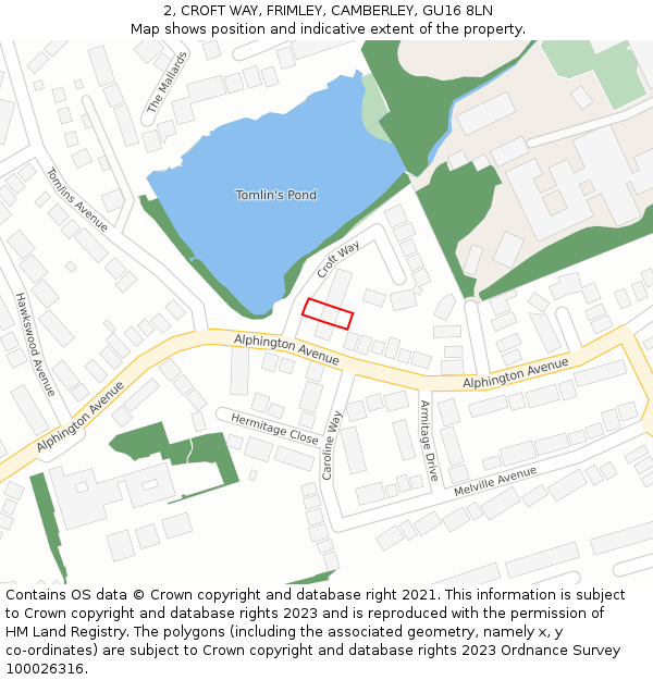 2, CROFT WAY, FRIMLEY, CAMBERLEY, GU16 8LN: Location map and indicative extent of plot