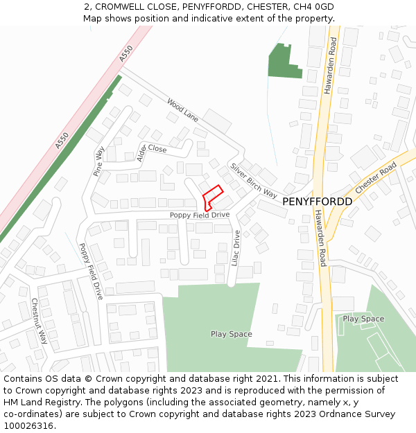 2, CROMWELL CLOSE, PENYFFORDD, CHESTER, CH4 0GD: Location map and indicative extent of plot
