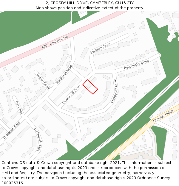 2, CROSBY HILL DRIVE, CAMBERLEY, GU15 3TY: Location map and indicative extent of plot