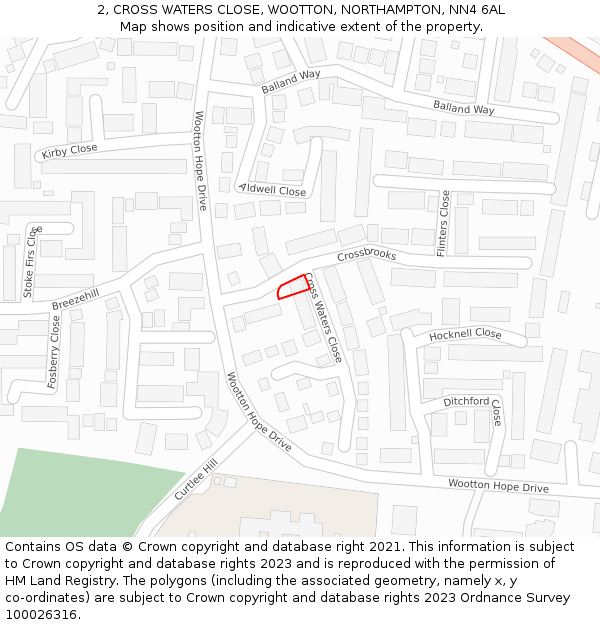 2, CROSS WATERS CLOSE, WOOTTON, NORTHAMPTON, NN4 6AL: Location map and indicative extent of plot