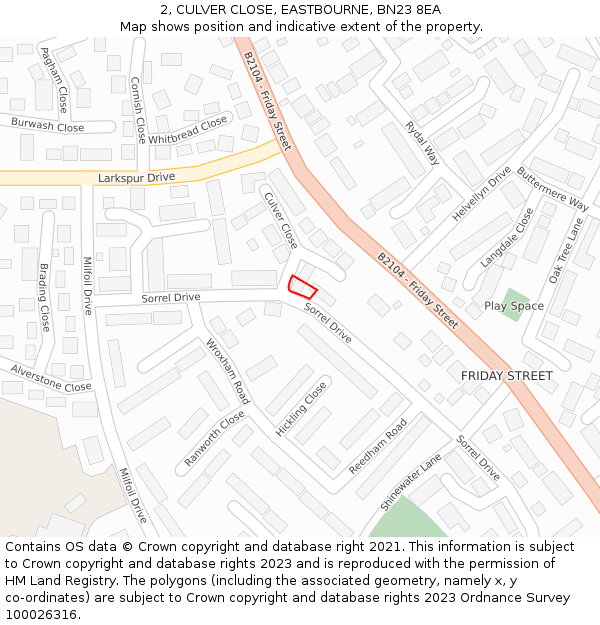 2, CULVER CLOSE, EASTBOURNE, BN23 8EA: Location map and indicative extent of plot