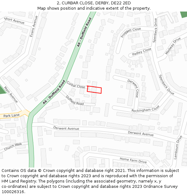 2, CURBAR CLOSE, DERBY, DE22 2ED: Location map and indicative extent of plot