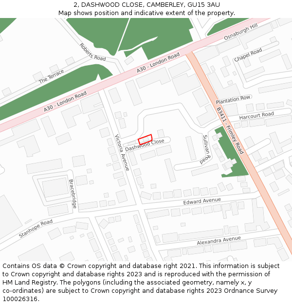 2, DASHWOOD CLOSE, CAMBERLEY, GU15 3AU: Location map and indicative extent of plot