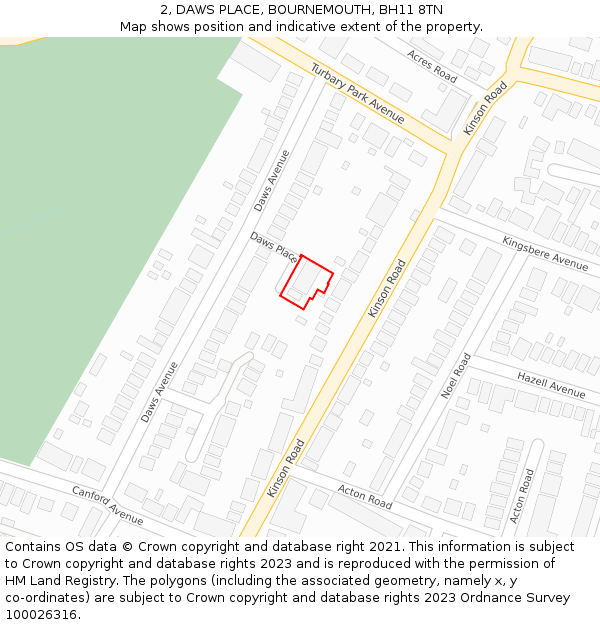 2, DAWS PLACE, BOURNEMOUTH, BH11 8TN: Location map and indicative extent of plot