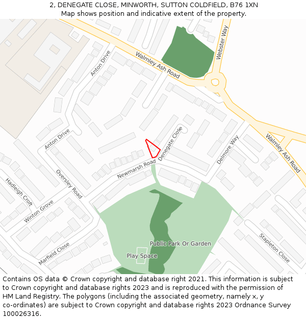 2, DENEGATE CLOSE, MINWORTH, SUTTON COLDFIELD, B76 1XN: Location map and indicative extent of plot