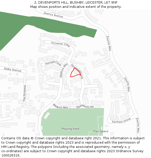2, DEVENPORTS HILL, BUSHBY, LEICESTER, LE7 9NF: Location map and indicative extent of plot