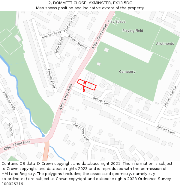 2, DOMMETT CLOSE, AXMINSTER, EX13 5DG: Location map and indicative extent of plot