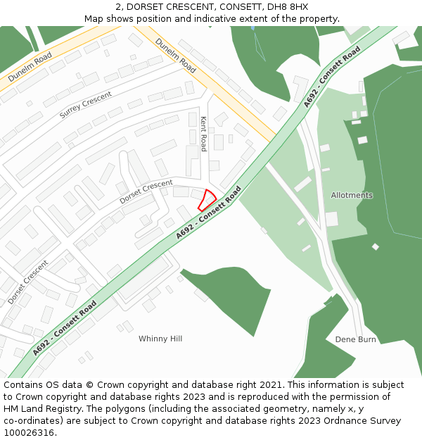 2, DORSET CRESCENT, CONSETT, DH8 8HX: Location map and indicative extent of plot