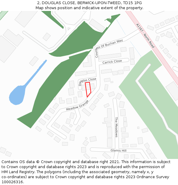 2, DOUGLAS CLOSE, BERWICK-UPON-TWEED, TD15 1PG: Location map and indicative extent of plot