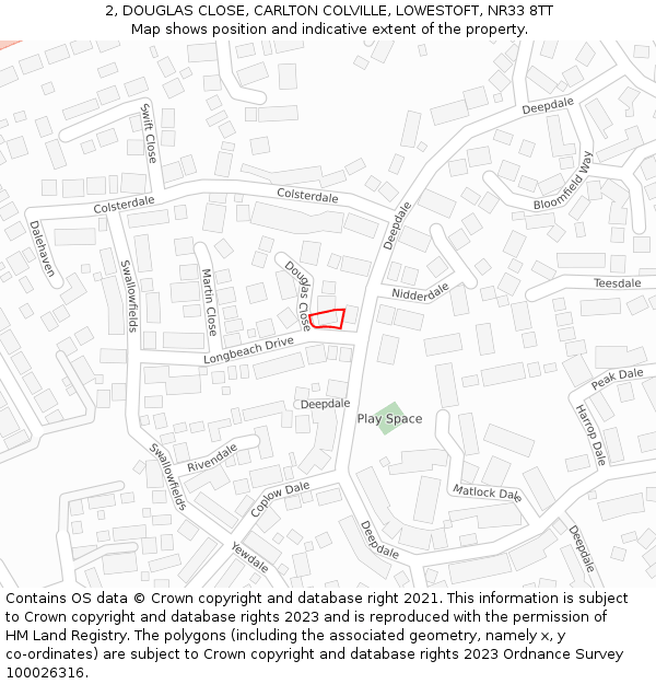 2, DOUGLAS CLOSE, CARLTON COLVILLE, LOWESTOFT, NR33 8TT: Location map and indicative extent of plot