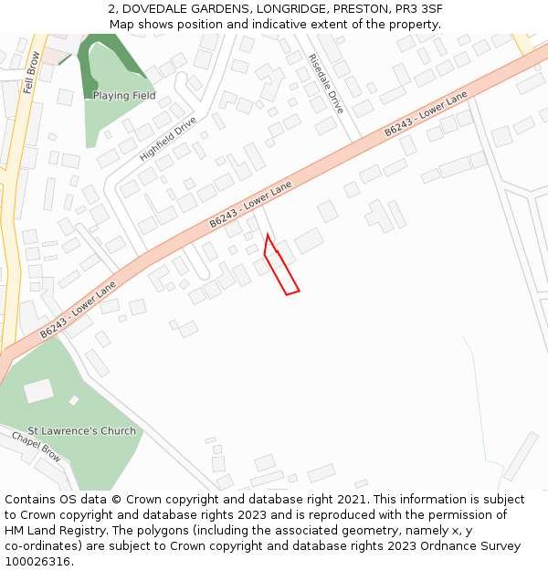 2, DOVEDALE GARDENS, LONGRIDGE, PRESTON, PR3 3SF: Location map and indicative extent of plot