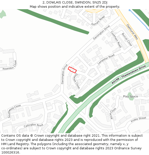 2, DOWLAIS CLOSE, SWINDON, SN25 2DJ: Location map and indicative extent of plot