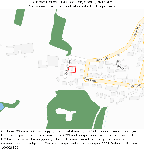 2, DOWNE CLOSE, EAST COWICK, GOOLE, DN14 9EY: Location map and indicative extent of plot