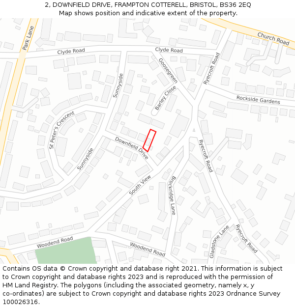 2, DOWNFIELD DRIVE, FRAMPTON COTTERELL, BRISTOL, BS36 2EQ: Location map and indicative extent of plot