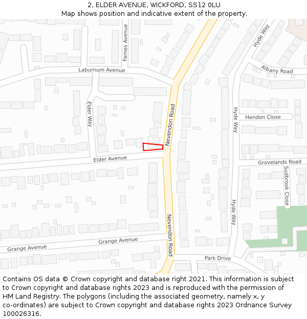 2, ELDER AVENUE, WICKFORD, SS12 0LU: Location map and indicative extent of plot