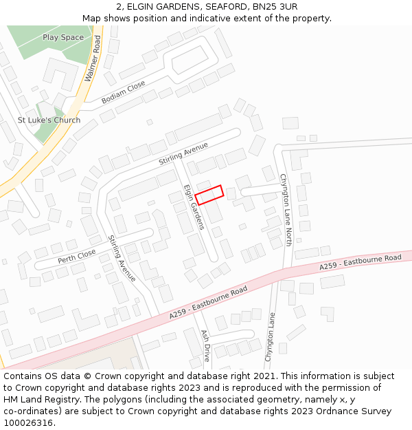 2, ELGIN GARDENS, SEAFORD, BN25 3UR: Location map and indicative extent of plot
