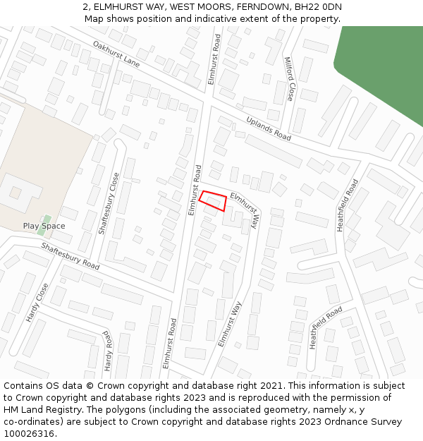 2, ELMHURST WAY, WEST MOORS, FERNDOWN, BH22 0DN: Location map and indicative extent of plot