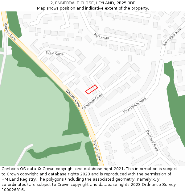 2, ENNERDALE CLOSE, LEYLAND, PR25 3BE: Location map and indicative extent of plot