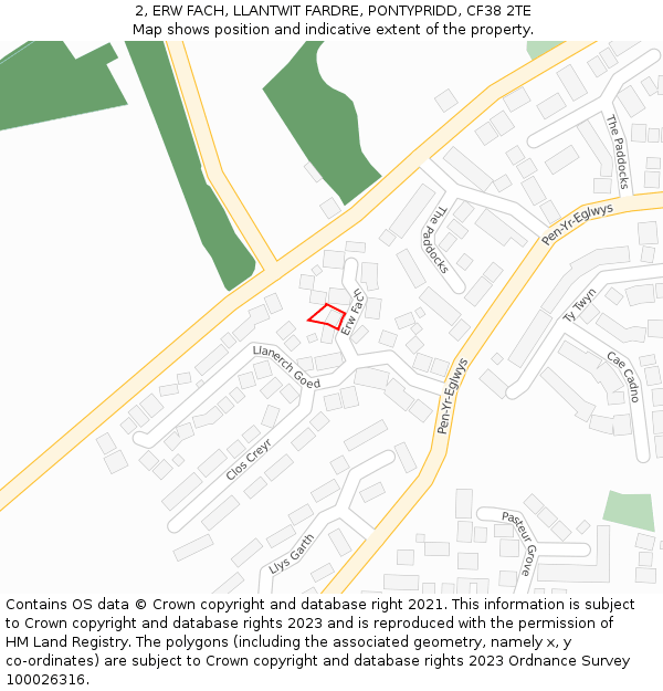 2, ERW FACH, LLANTWIT FARDRE, PONTYPRIDD, CF38 2TE: Location map and indicative extent of plot