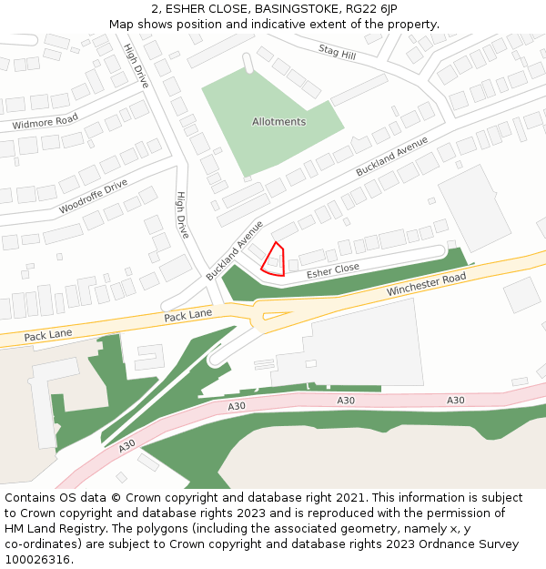 2, ESHER CLOSE, BASINGSTOKE, RG22 6JP: Location map and indicative extent of plot