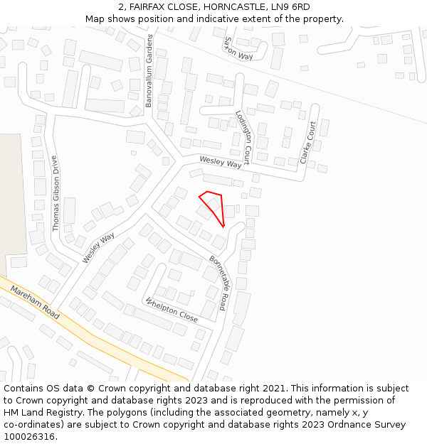 2, FAIRFAX CLOSE, HORNCASTLE, LN9 6RD: Location map and indicative extent of plot
