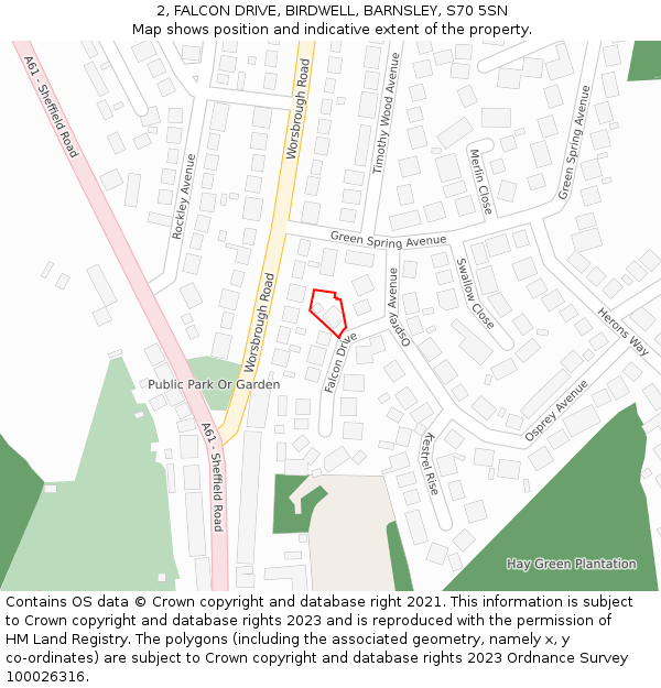 2, FALCON DRIVE, BIRDWELL, BARNSLEY, S70 5SN: Location map and indicative extent of plot