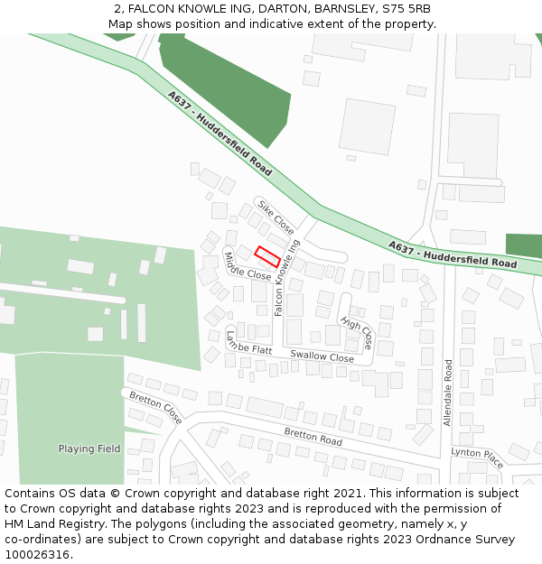 2, FALCON KNOWLE ING, DARTON, BARNSLEY, S75 5RB: Location map and indicative extent of plot