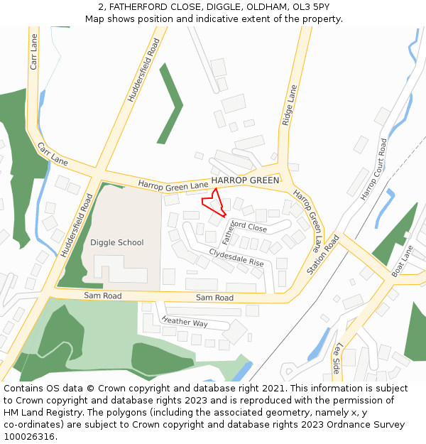 2, FATHERFORD CLOSE, DIGGLE, OLDHAM, OL3 5PY: Location map and indicative extent of plot