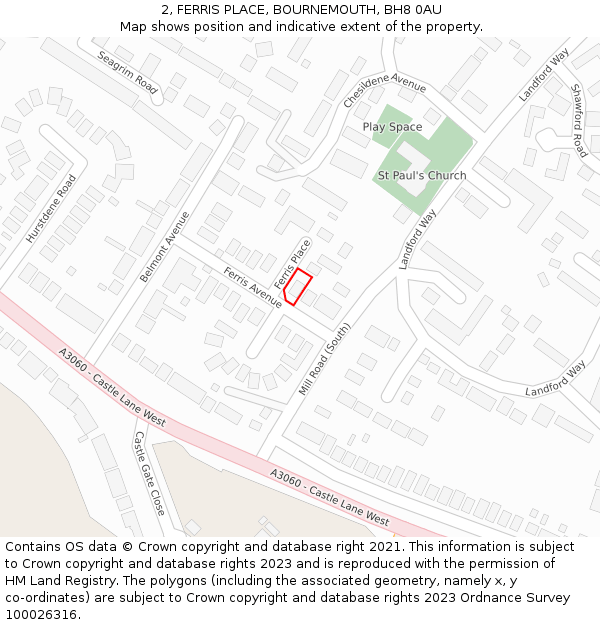 2, FERRIS PLACE, BOURNEMOUTH, BH8 0AU: Location map and indicative extent of plot