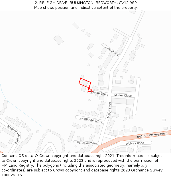 2, FIRLEIGH DRIVE, BULKINGTON, BEDWORTH, CV12 9SP: Location map and indicative extent of plot