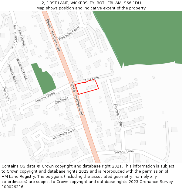 2, FIRST LANE, WICKERSLEY, ROTHERHAM, S66 1DU: Location map and indicative extent of plot