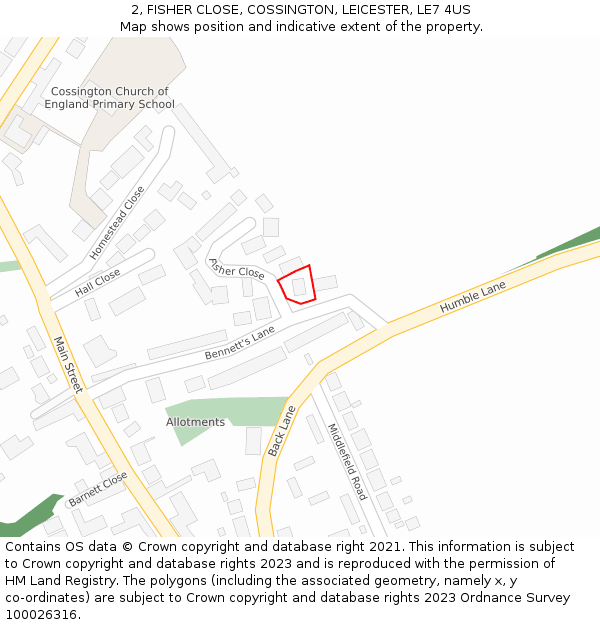 2, FISHER CLOSE, COSSINGTON, LEICESTER, LE7 4US: Location map and indicative extent of plot