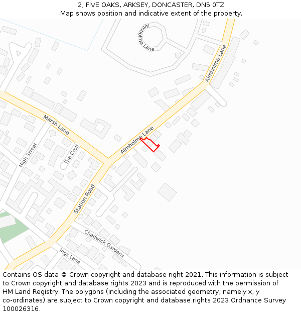 2, FIVE OAKS, ARKSEY, DONCASTER, DN5 0TZ: Location map and indicative extent of plot