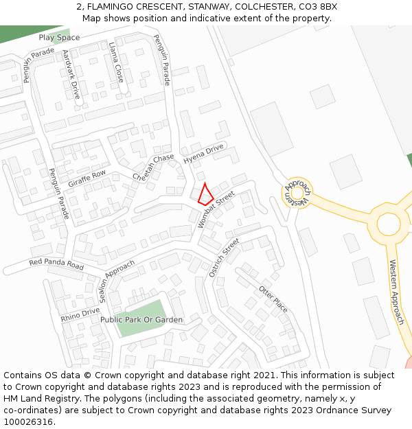 2, FLAMINGO CRESCENT, STANWAY, COLCHESTER, CO3 8BX: Location map and indicative extent of plot
