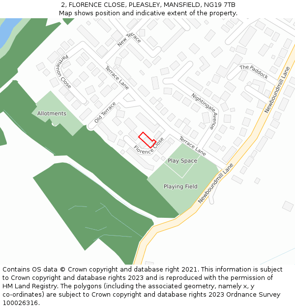 2, FLORENCE CLOSE, PLEASLEY, MANSFIELD, NG19 7TB: Location map and indicative extent of plot