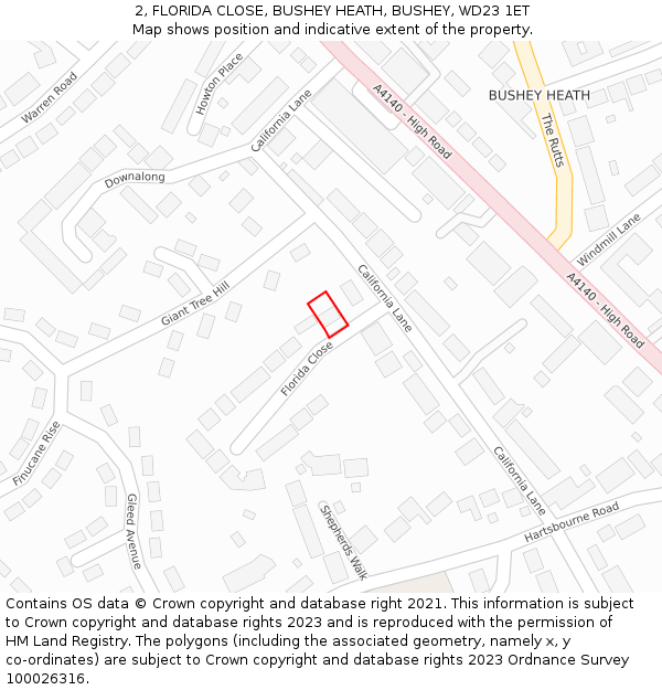 2, FLORIDA CLOSE, BUSHEY HEATH, BUSHEY, WD23 1ET: Location map and indicative extent of plot