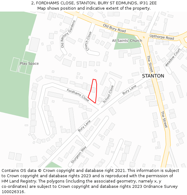2, FORDHAMS CLOSE, STANTON, BURY ST EDMUNDS, IP31 2EE: Location map and indicative extent of plot