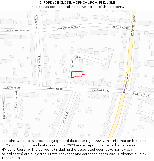 2, FORDYCE CLOSE, HORNCHURCH, RM11 3LE: Location map and indicative extent of plot