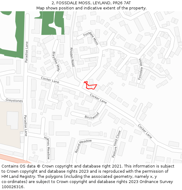 2, FOSSDALE MOSS, LEYLAND, PR26 7AT: Location map and indicative extent of plot