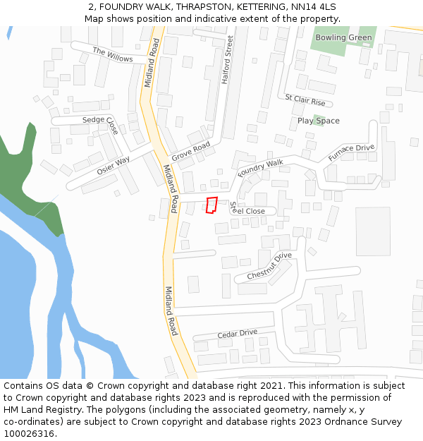 2, FOUNDRY WALK, THRAPSTON, KETTERING, NN14 4LS: Location map and indicative extent of plot