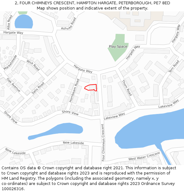 2, FOUR CHIMNEYS CRESCENT, HAMPTON HARGATE, PETERBOROUGH, PE7 8ED: Location map and indicative extent of plot